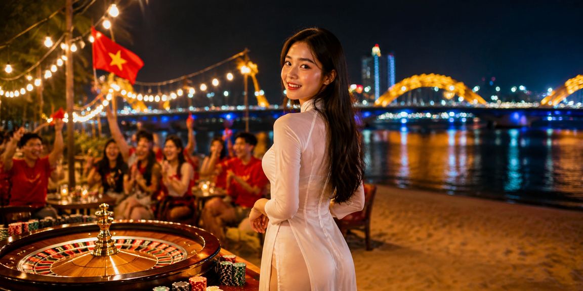 Người dùng Đà Nẵng trong trang phục áo dài trải nghiệm xổ số và trò chơi trực tuyến trên điện thoại